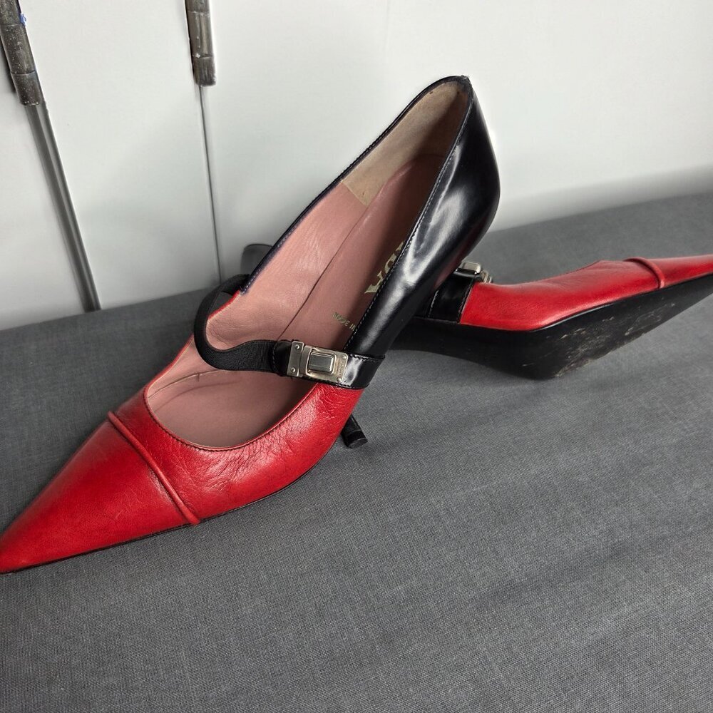 Prada Red & Black Two-Tone Leather Mary Jane Pumps EU 37 - Picture 4 of 9